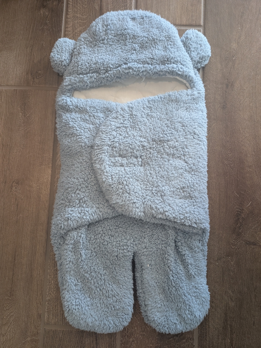 Cozy Light Blue Sherpa Baby Swaddle with Bear Hood